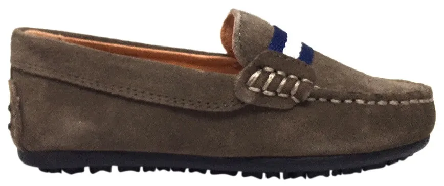 Umi Boy's Taupe Suede Leather Studded Fabric Racing Stripe Slip On Moccasin Loafer