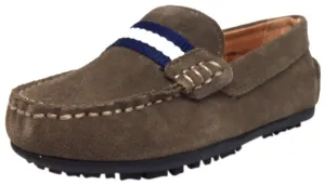 Umi Boy's Taupe Suede Leather Studded Fabric Racing Stripe Slip On Moccasin Loafer