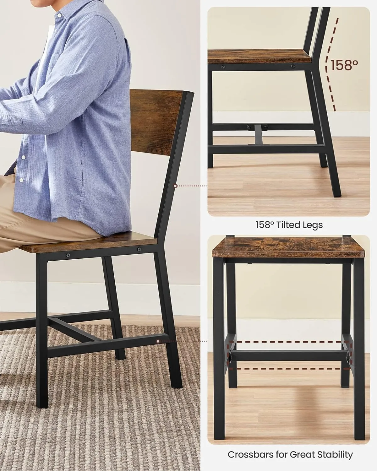 VASAGLE Dining Chair Set of 2, Rustic Wood Chairs with Metal Steel Frame, Easy to Assemble, Comfortable Seat, Modern Farmhouse Chair for Kitchen, Bedroom, Living Room, Rustic Brown and Ink Black