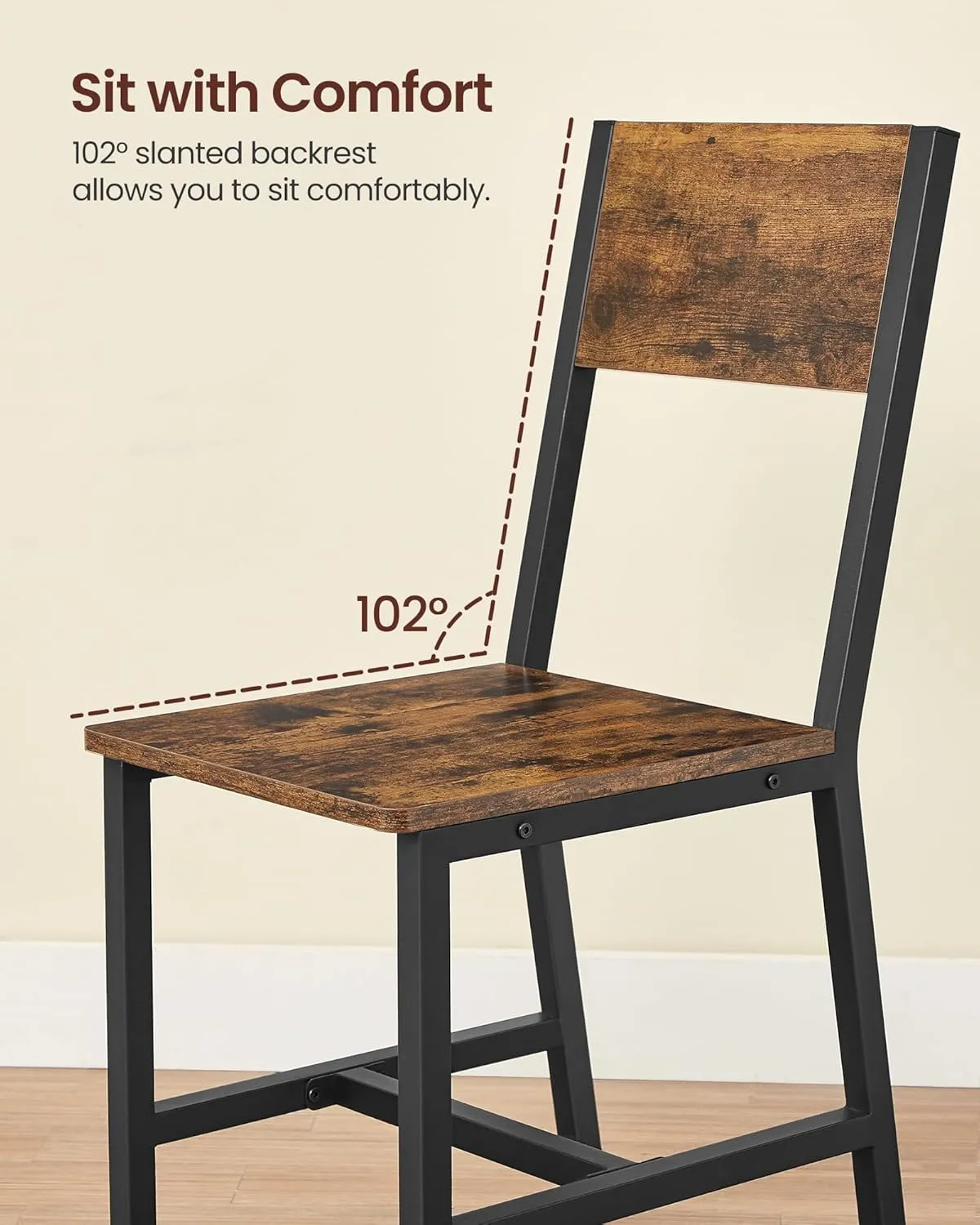 VASAGLE Dining Chair Set of 2, Rustic Wood Chairs with Metal Steel Frame, Easy to Assemble, Comfortable Seat, Modern Farmhouse Chair for Kitchen, Bedroom, Living Room, Rustic Brown and Ink Black