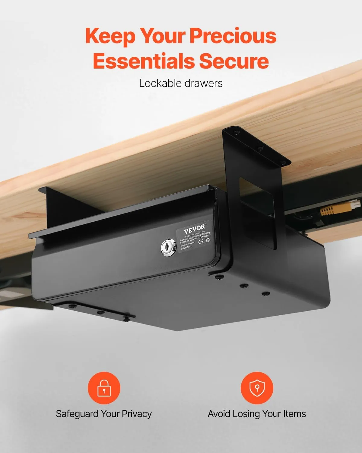 VEVOR 13" Wide Under Desk Drawer Slide Out, Under Desk Mounted Pull-out Drawer Attachment, Hidden Desktop Storage Organizer, Lockable Under Table Pencil Drawer for Sit Stand Workstation, 14x13x7 in