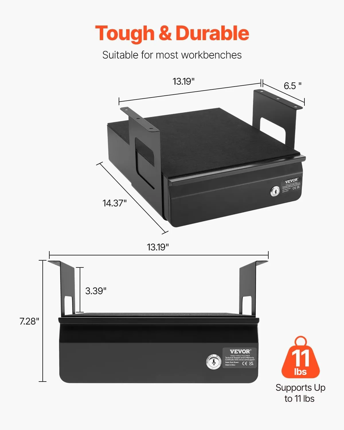 VEVOR 13" Wide Under Desk Drawer Slide Out, Under Desk Mounted Pull-out Drawer Attachment, Hidden Desktop Storage Organizer, Lockable Under Table Pencil Drawer for Sit Stand Workstation, 14x13x7 in