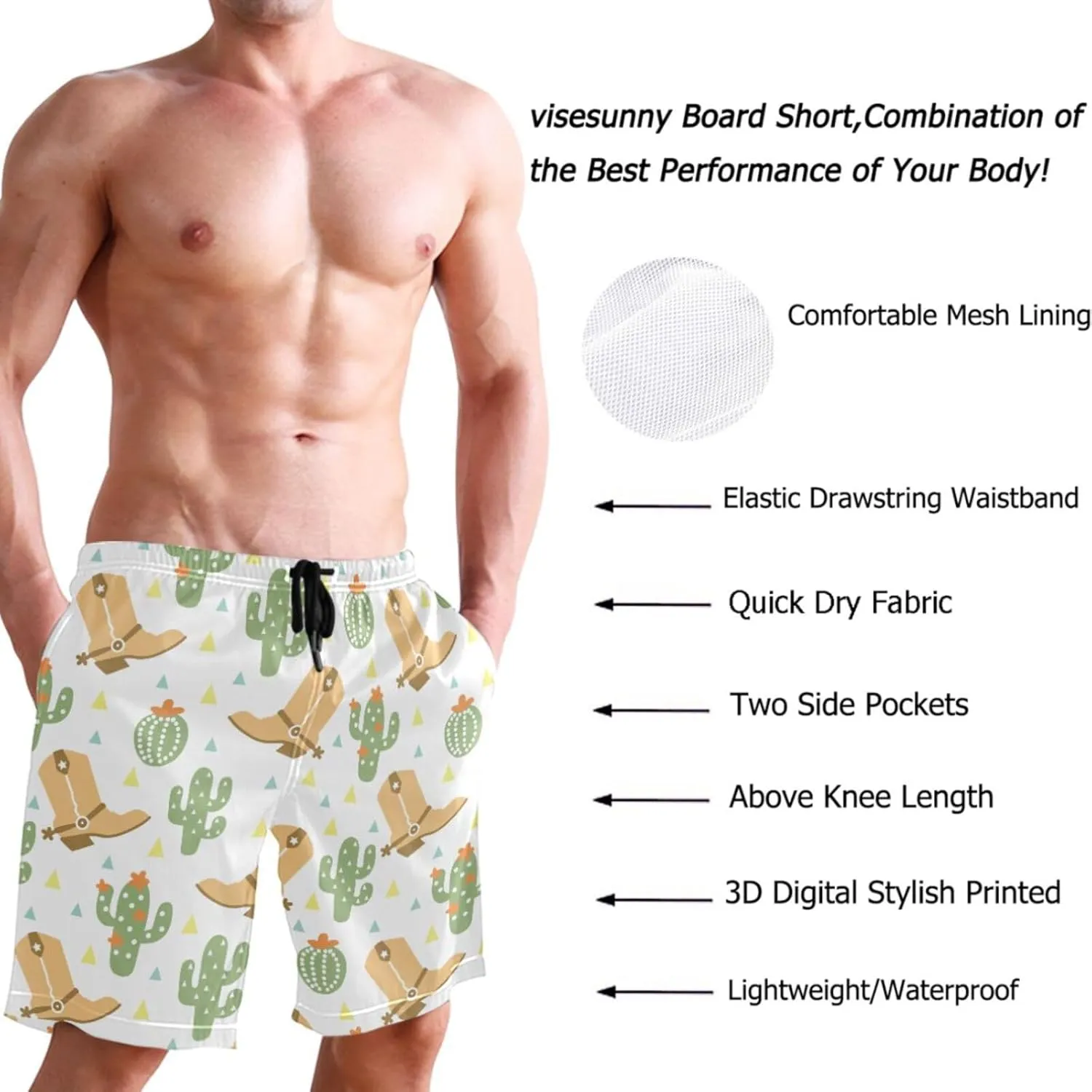 visesunny Men's Swim Trunks Wild West Cowboy Boot Cactus Quick Dry Bathing Suits Beach Swim Shorts