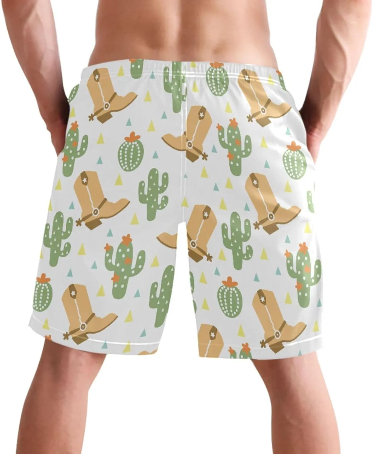 visesunny Men's Swim Trunks Wild West Cowboy Boot Cactus Quick Dry Bathing Suits Beach Swim Shorts