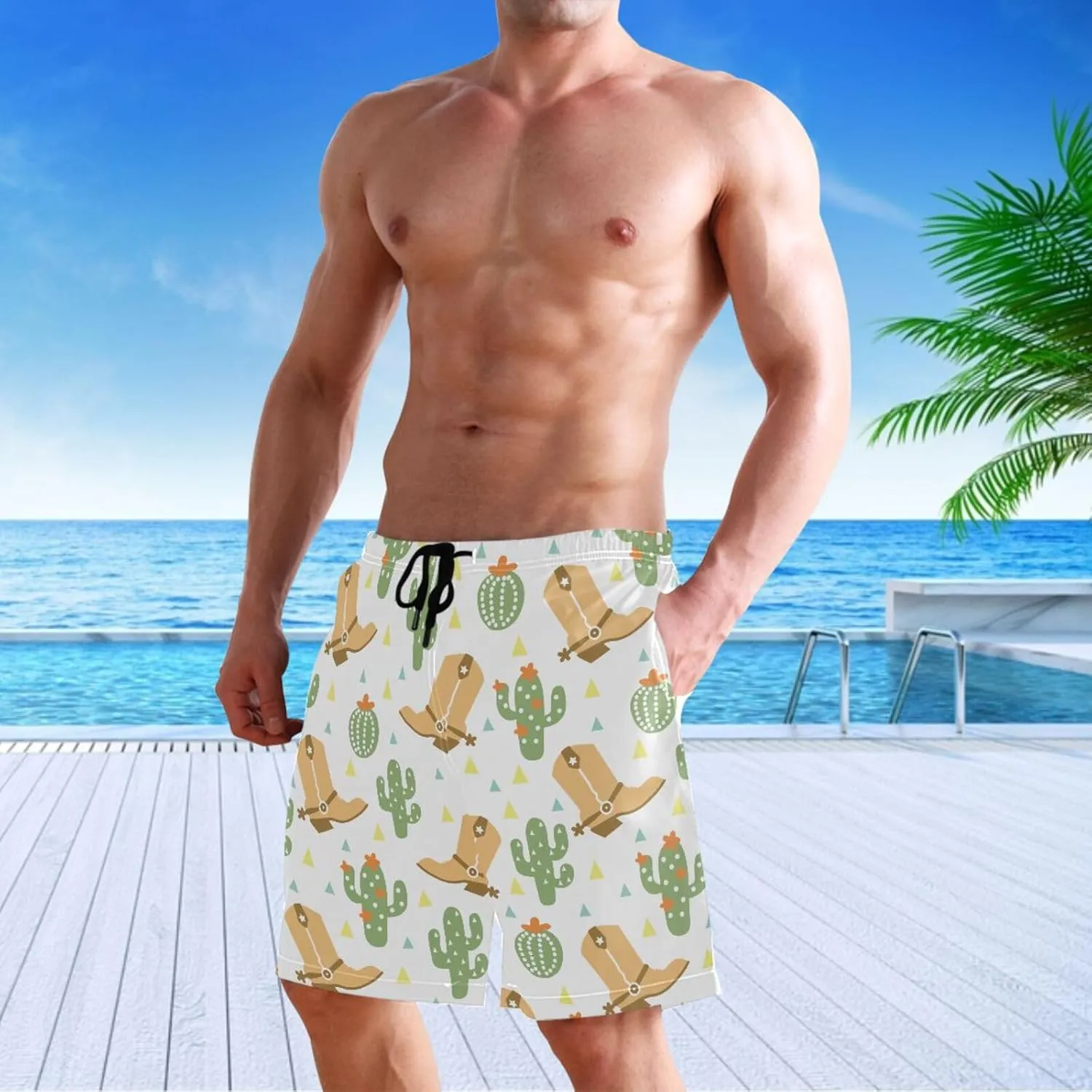visesunny Men's Swim Trunks Wild West Cowboy Boot Cactus Quick Dry Bathing Suits Beach Swim Shorts