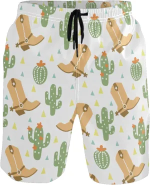 visesunny Men's Swim Trunks Wild West Cowboy Boot Cactus Quick Dry Bathing Suits Beach Swim Shorts