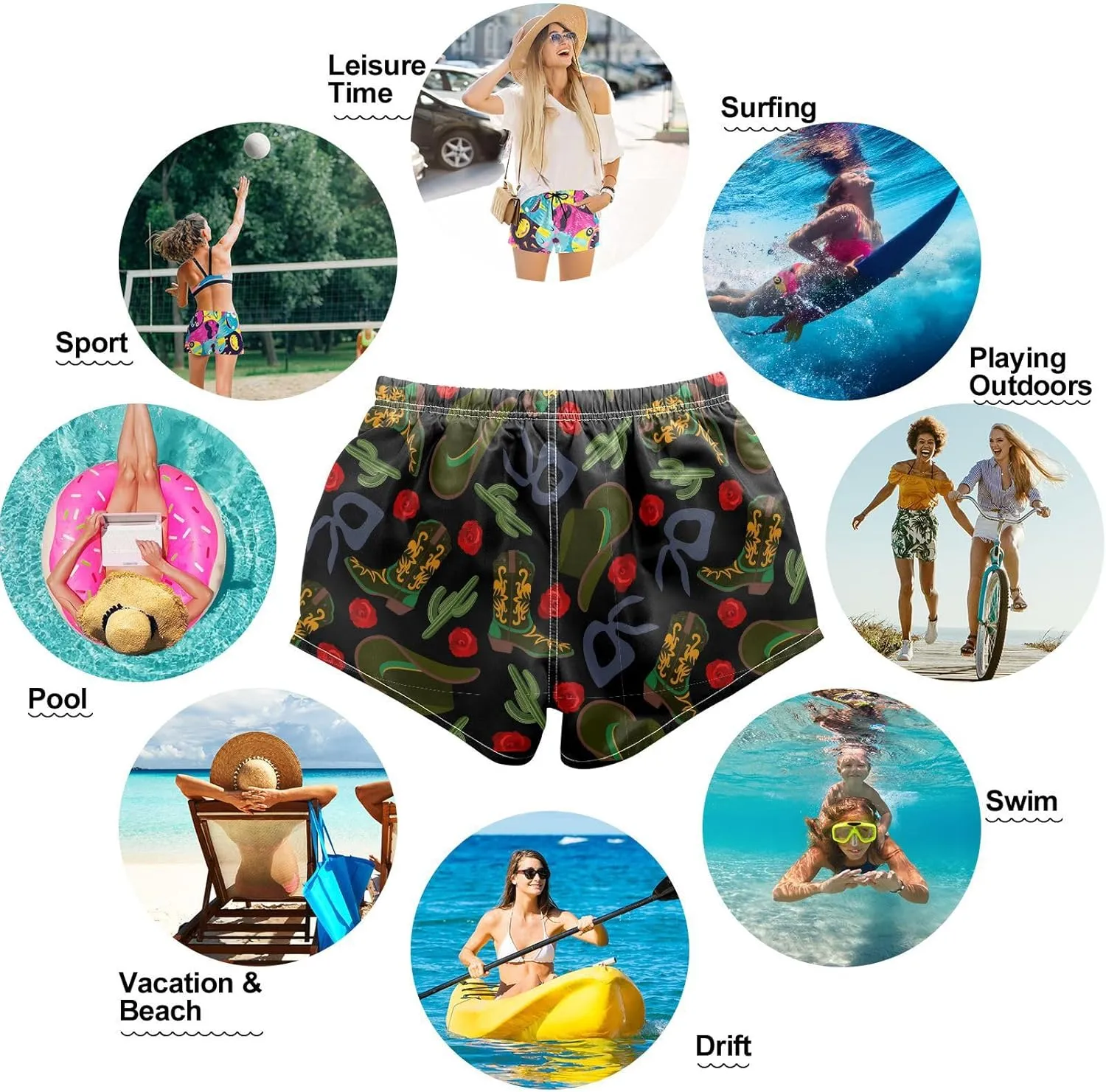 visesunny Swim Shorts Women Quick Dry Cowboy Hat Boot Bandanas Cactus Rose Board Shorts for Women