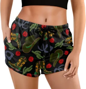 visesunny Swim Shorts Women Quick Dry Cowboy Hat Boot Bandanas Cactus Rose Board Shorts for Women