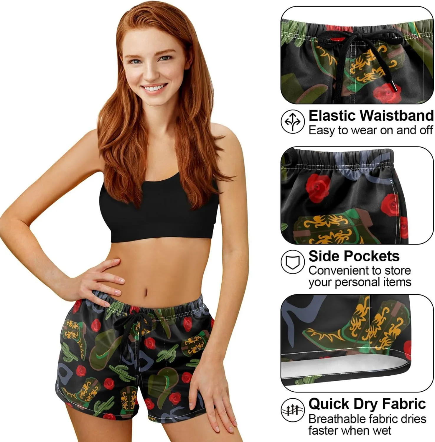 visesunny Swim Shorts Women Quick Dry Cowboy Hat Boot Bandanas Cactus Rose Board Shorts for Women
