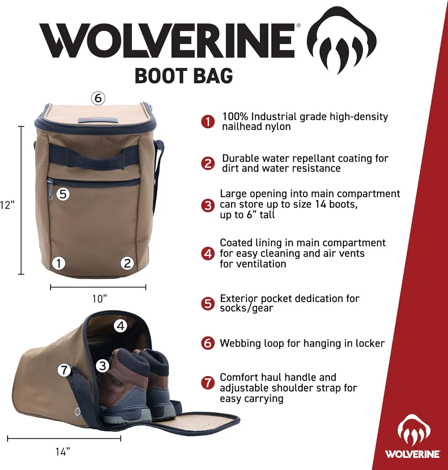 WOLVERINE Boot Bag with Industrial-Grade Nailhead Nylon, Water and Dirt Resistant, Hands-free Carrying, Perfect for Storing and Transporting Your Boots to Job Sites
