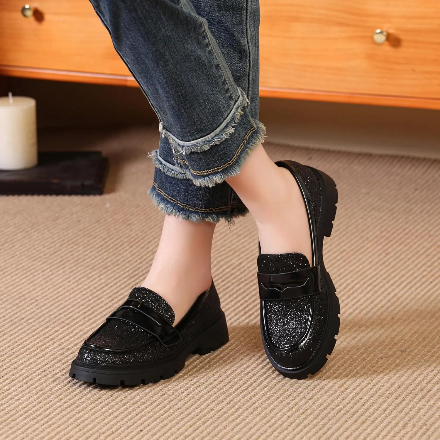 Women Penny Loafers Casual Hollow Out Slip On Chunky Platform Loafers Work Shopping Travel Shoes