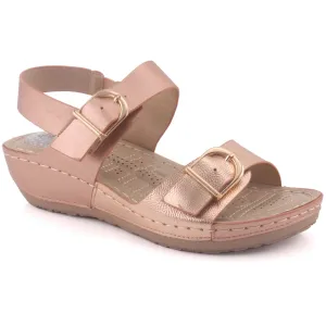 Women "NIA" Open Toe Metallic Buckle Accented Glossy Comfort Wedge Sandals