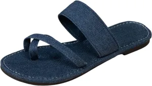 Women Summer Slip On Solid Casual Open Toe Denim Flat Soft Bottom Breathable Shoes Sandals Slippers Sandal Women (Blue, 40)