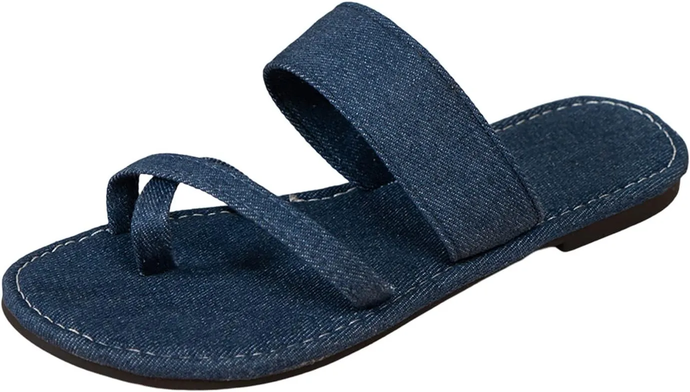 Women Summer Slip On Solid Casual Open Toe Denim Flat Soft Bottom Breathable Shoes Sandals Slippers Sandal Women (Blue, 40)