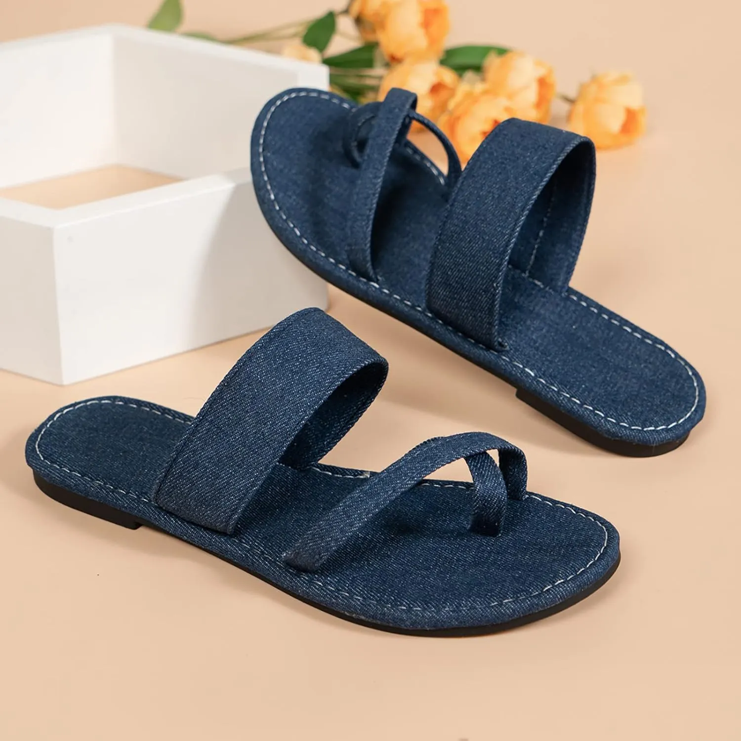 Women Summer Slip On Solid Casual Open Toe Denim Flat Soft Bottom Breathable Shoes Sandals Slippers Sandal Women (Blue, 40)