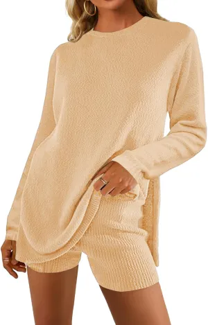 Womens 2 Piece Sets Fall Outfits 2024 Long Sleeve Lounge Set Knit Top Matching Shorts Beach Travel Vacation Cruise Clothes