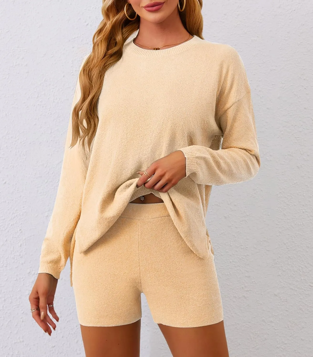Womens 2 Piece Sets Fall Outfits 2024 Long Sleeve Lounge Set Knit Top Matching Shorts Beach Travel Vacation Cruise Clothes