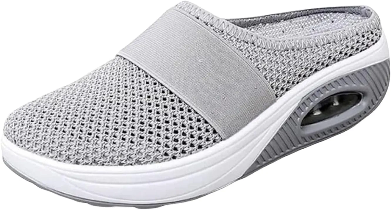 Womens Air Cushion Walking Shoes Slip-On Mesh Breathable Arch Support Mule Shoes Lightweight Closed Toe Slippers Outdoor Sneakers