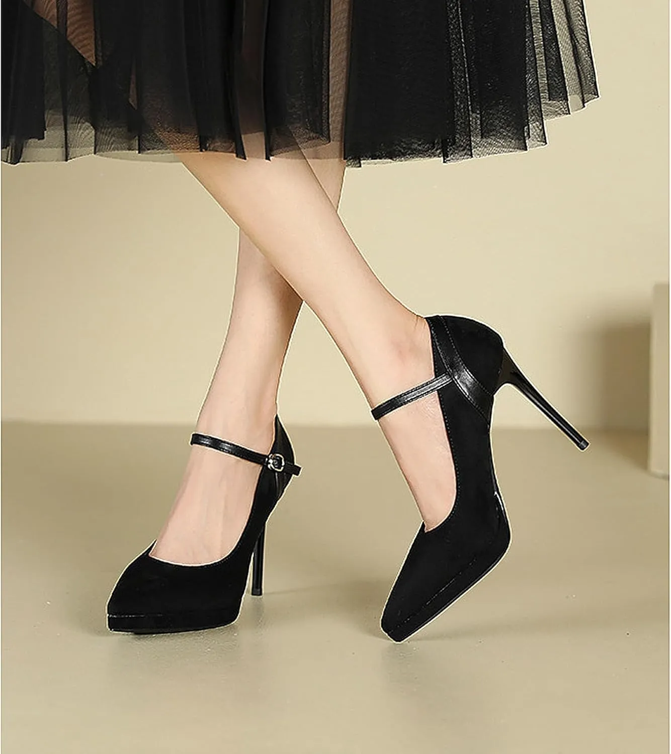 Women's Ankle Cross Strap Pumps Platform Stiletto Dress High Heel Mouth Heeled Office Clubbing Work Courts Shoes Ladies Party Wedding Fashion Closed Pointed Toe Slip On