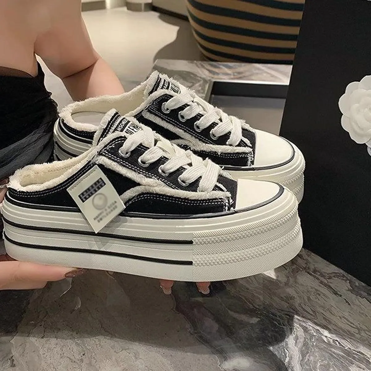 Women's Canvas Mule Sneakers Slip on Platform Shoes Comfortable Breathable Casual Indoor Outdoor