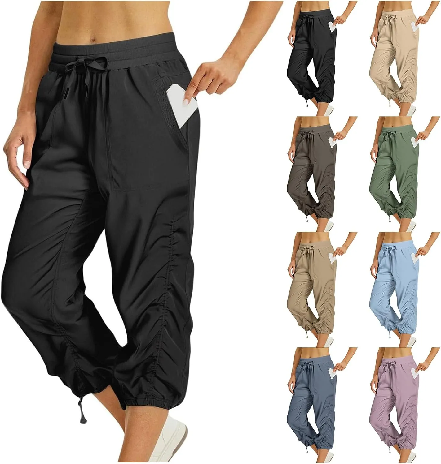 Womens Capri Pants Summer Quick Dry Hiking Pants Drawstring Casual Lightweight Stretch Active Pant Joggers