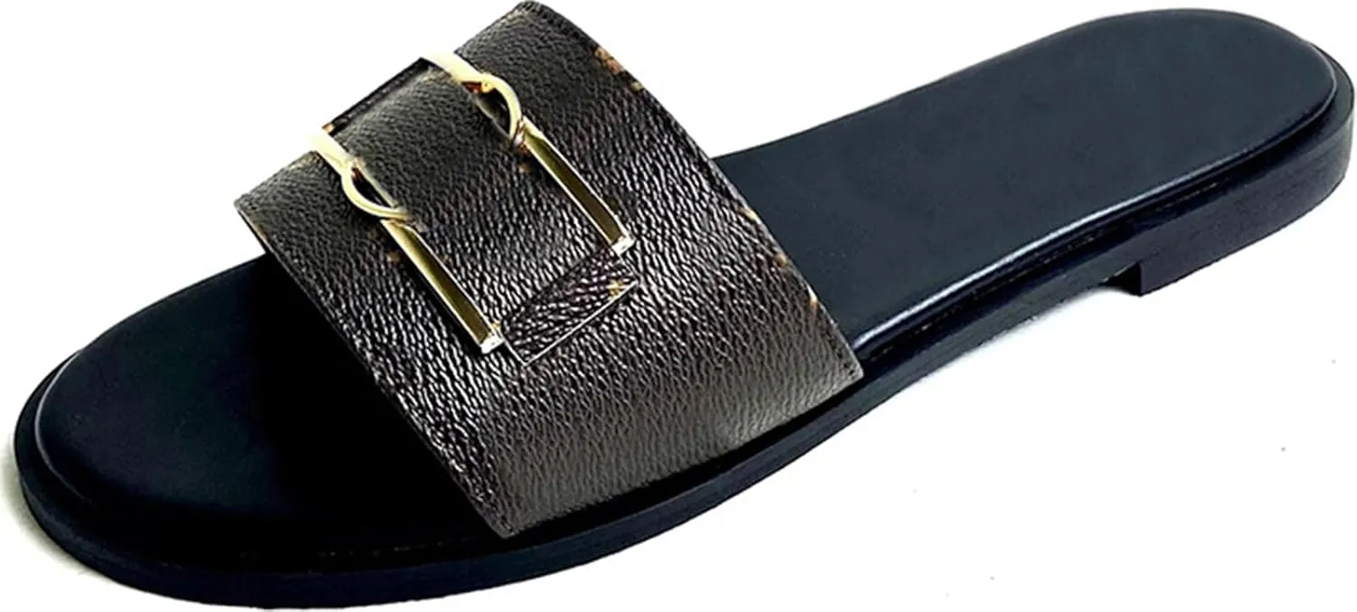 Women's Comfort Slide Sandals Fashion Summer Leather Flat Sandals