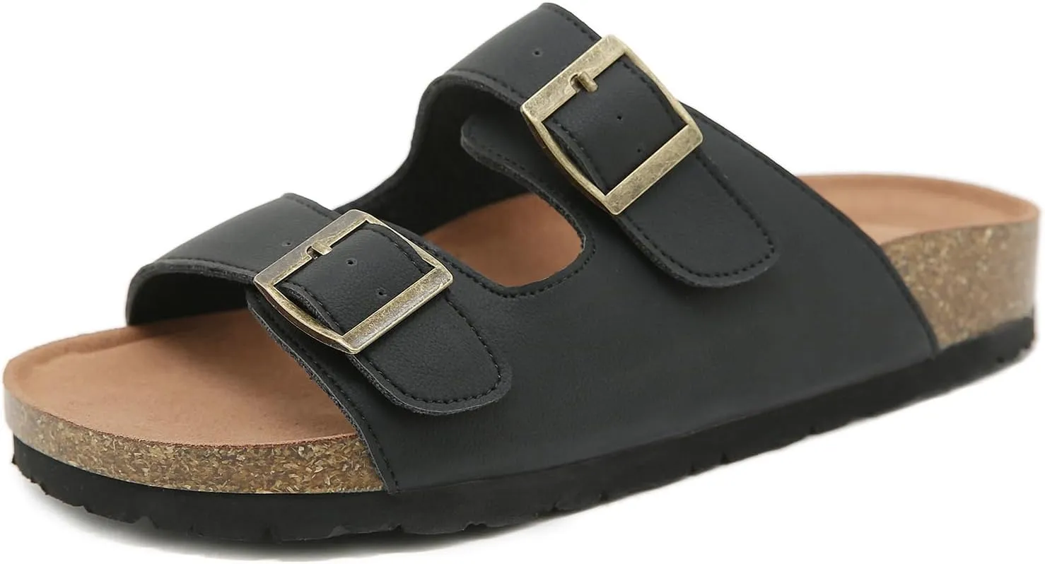 Womens Cork Footbed Slide Sandals, Open Toe Slides Sandals Adjustable Buckle Summer Beach Sandals with Arch Support