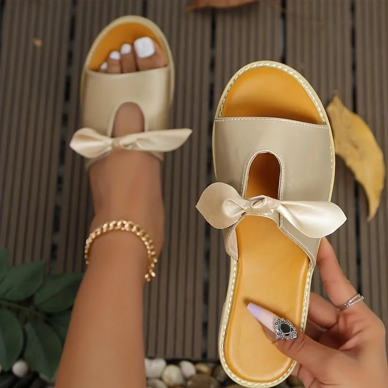 Women’s Cozy Bow Tie Slippers – Soft Open-Toe Round Toe Solid Color Flat Slides for Indoor & Outdoor Wear, Breathable, Lightweight & Easy Slip-On Design