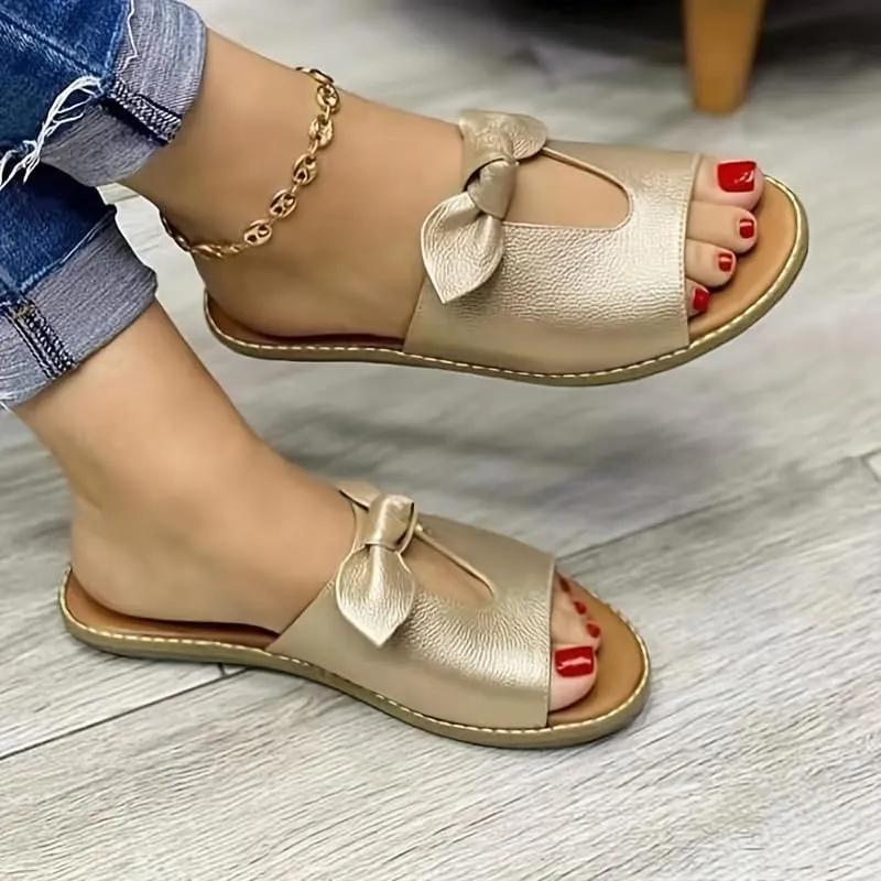 Women’s Cozy Bow Tie Slippers – Soft Open-Toe Round Toe Solid Color Flat Slides for Indoor & Outdoor Wear, Breathable, Lightweight & Easy Slip-On Design