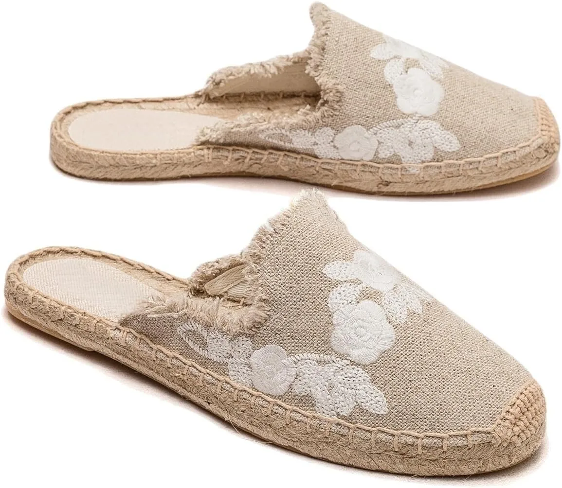 Womens Embroidery Espadrille Mules Flats - Fashion Flats Shoes Comfortable Mule Shoes Breathable Espadrilles Anti-Slip Slipper
