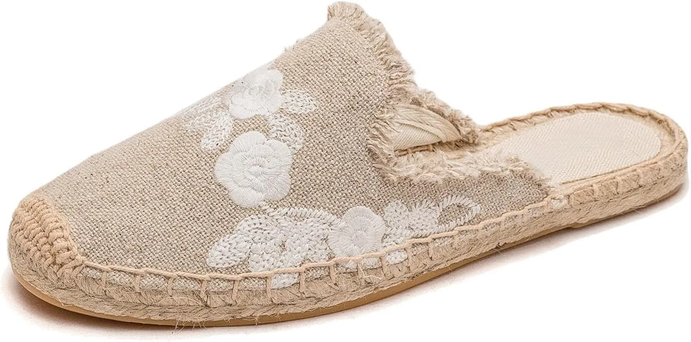 Womens Embroidery Espadrille Mules Flats - Fashion Flats Shoes Comfortable Mule Shoes Breathable Espadrilles Anti-Slip Slipper