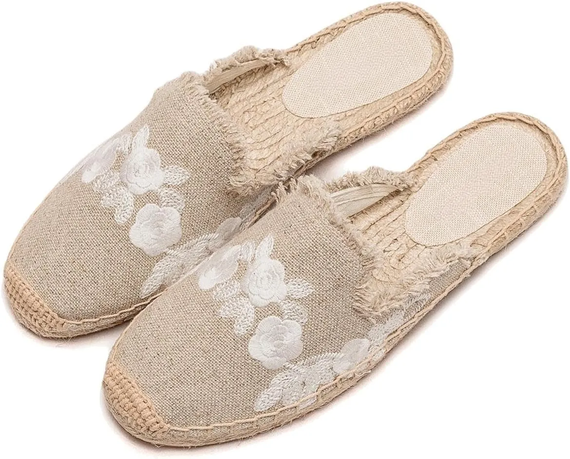 Womens Embroidery Espadrille Mules Flats - Fashion Flats Shoes Comfortable Mule Shoes Breathable Espadrilles Anti-Slip Slipper