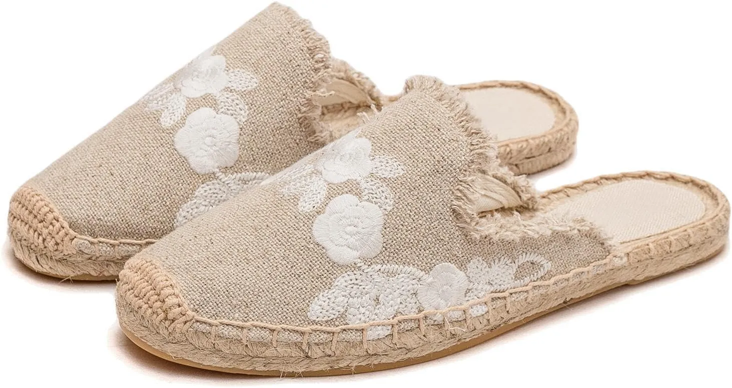 Womens Embroidery Espadrille Mules Flats - Fashion Flats Shoes Comfortable Mule Shoes Breathable Espadrilles Anti-Slip Slipper