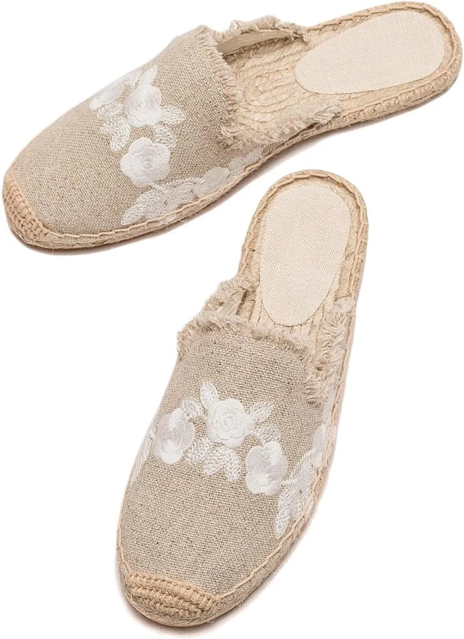 Womens Embroidery Espadrille Mules Flats - Fashion Flats Shoes Comfortable Mule Shoes Breathable Espadrilles Anti-Slip Slipper