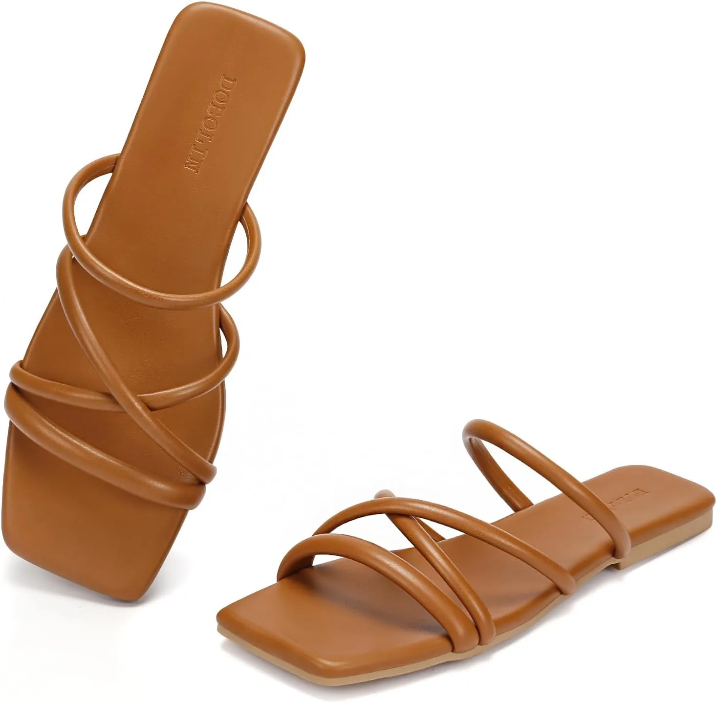 Women's Flat Sandals Strappy Square Open Toe Slide Sandals Dressy Comfortable Wide Feet Friendly