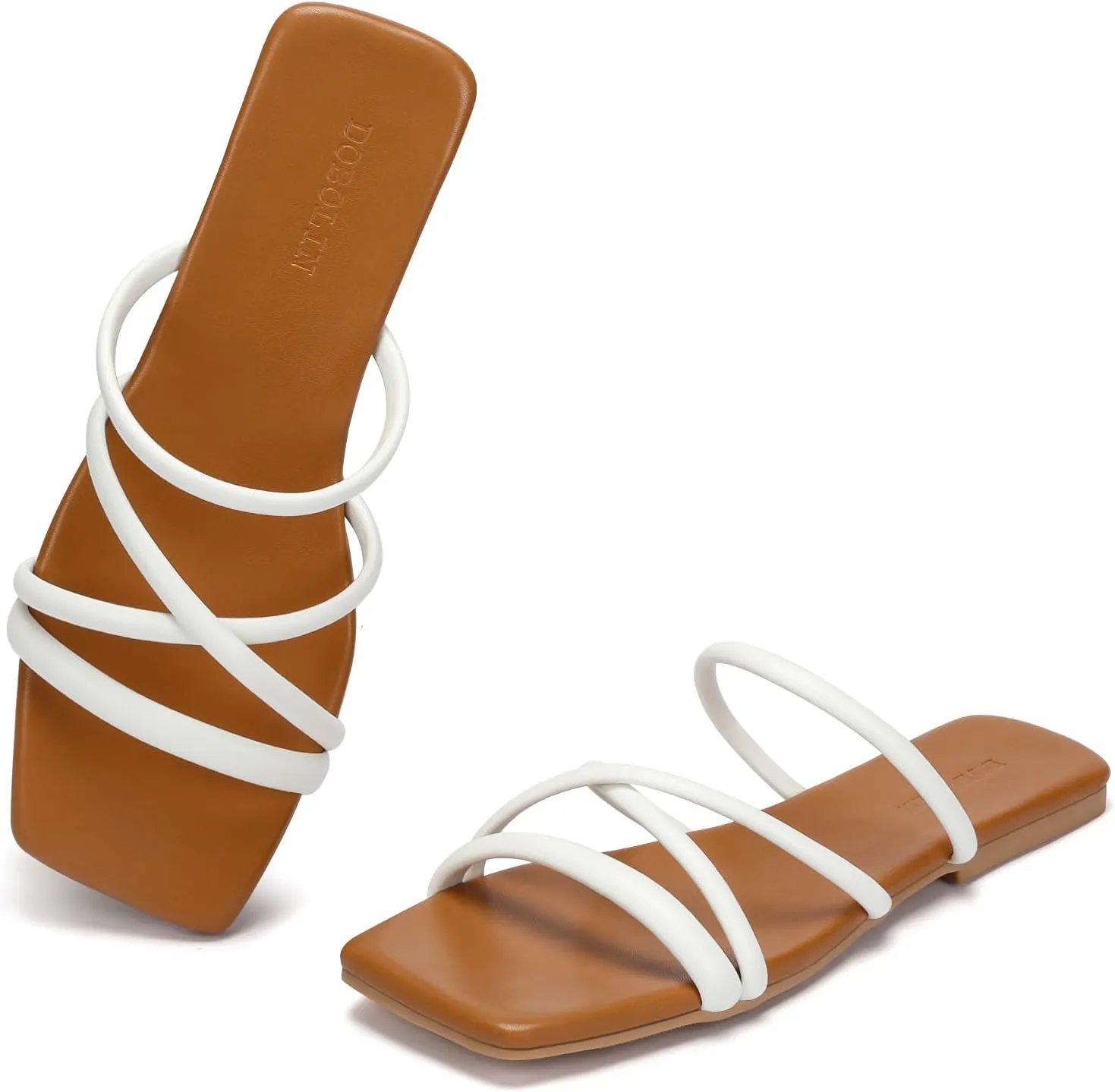 Women's Flat Sandals Strappy Square Open Toe Slide Sandals Dressy Comfortable Wide Feet Friendly