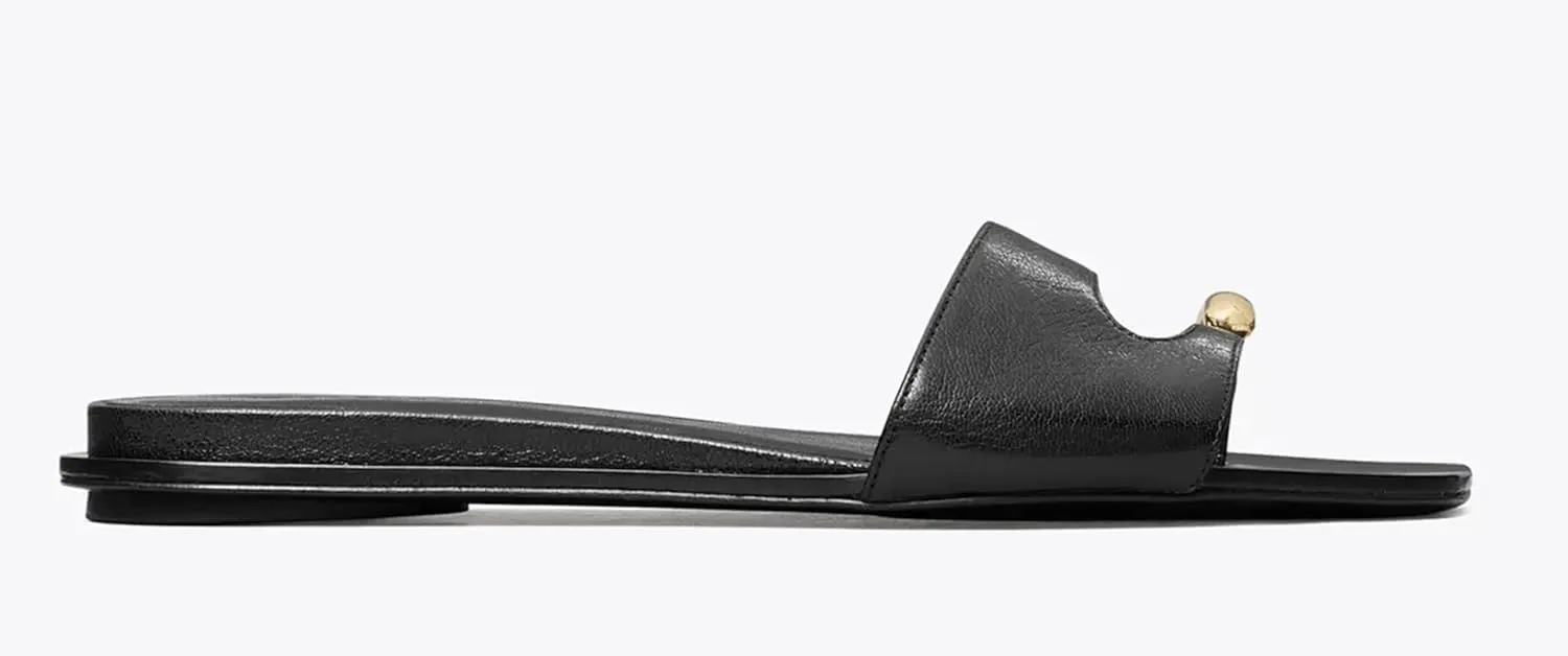 Women's Flat Slide Sandals Open Toe Summer Slip-On Shoes with Gold Buckle Detail, Casual Chic Black Leather Slides for Beach, Travel, Daily Wear