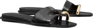 Women's Flat Slide Sandals Open Toe Summer Slip-On Shoes with Gold Buckle Detail, Casual Chic Black Leather Slides for Beach, Travel, Daily Wear