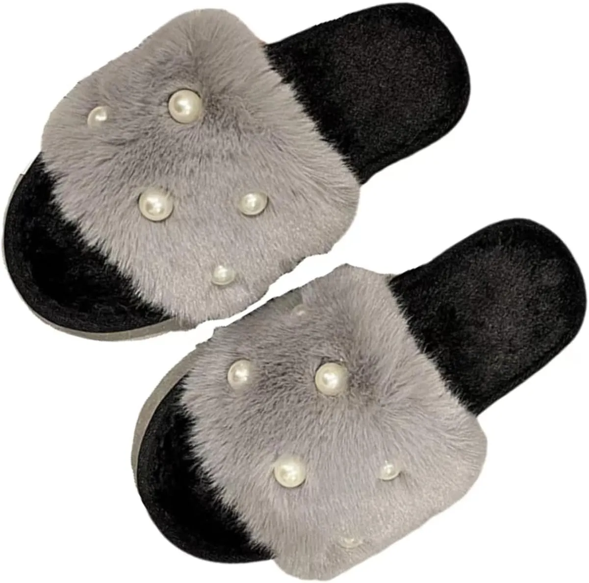 Women's Fluffy Fuzzy Slippers Memory Foam Open Toe Pearl Comfy House Slippers Cozy Faux Fur Soft Plush Home Slides Anti-Skid Indoor Outdoor Home Bedroom for Women Girls