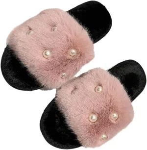 Women's Fluffy Fuzzy Slippers Memory Foam Open Toe Pearl Comfy House Slippers Cozy Faux Fur Soft Plush Home Slides Anti-Skid Indoor Outdoor Home Bedroom for Women Girls