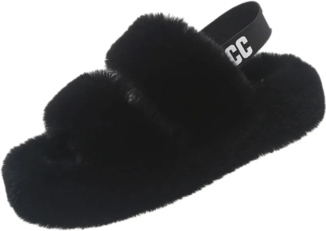 Women's Fuzzy Slippers Adjustable Fluffy Thick Sole Cozy Comfy Memory Foam Open Toe House Slippers Faux Fur Soft Plush Two Band Slides Anti-Skid Indoor Outdoor Home Bedroom for Women