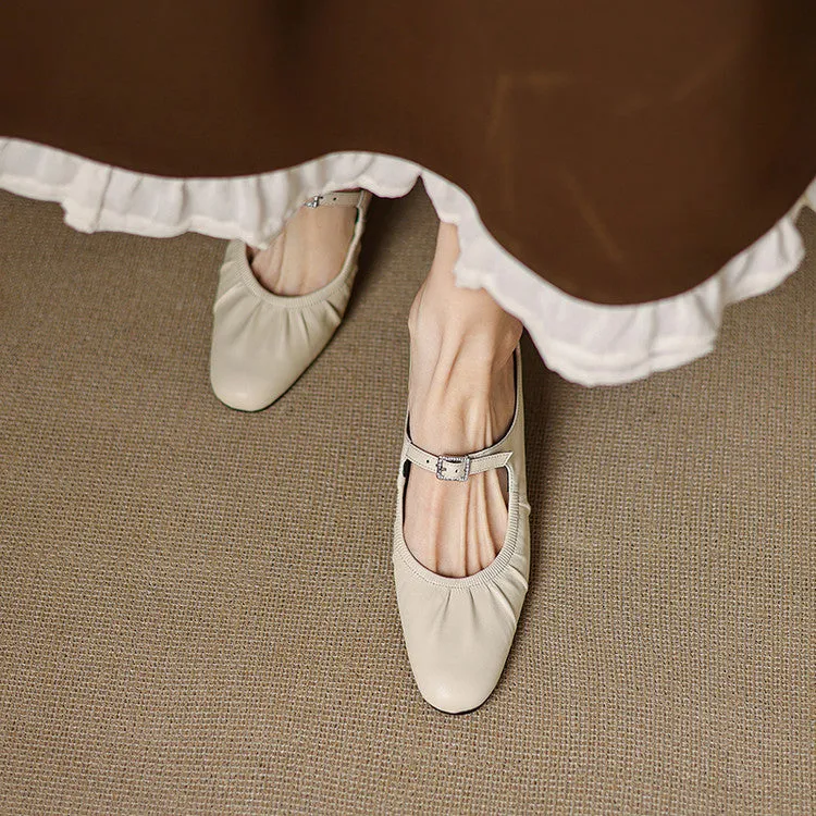 Women's Handmade Leather Retro Round Toe Chunky Low Heel Mary Jane Mule Shoes