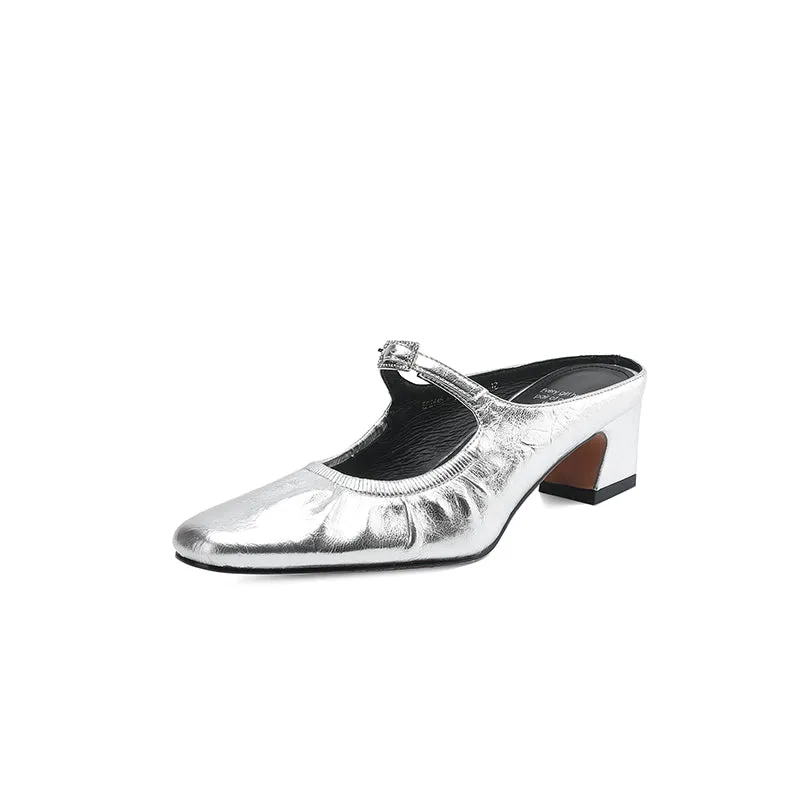 Women's Handmade Leather Retro Round Toe Chunky Low Heel Mary Jane Mule Shoes