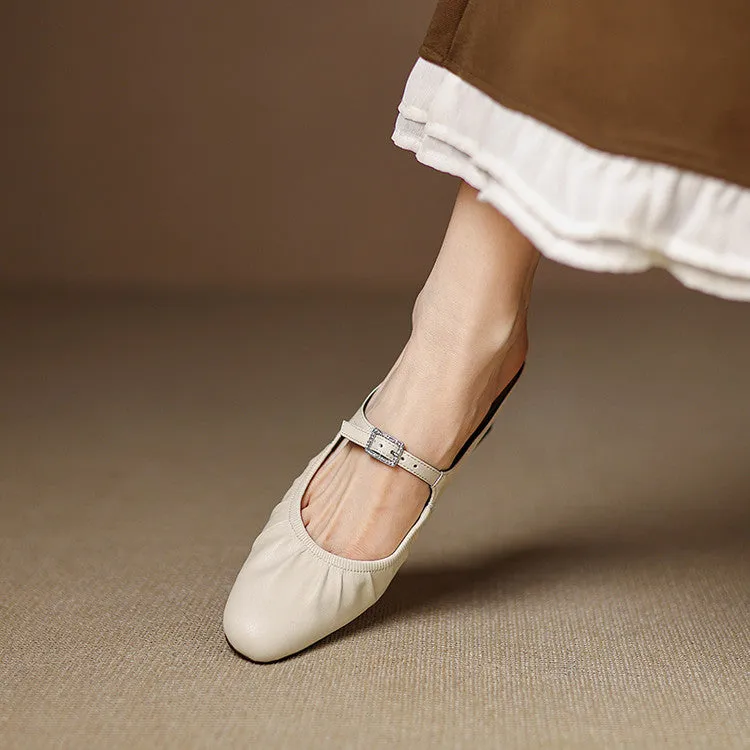 Women's Handmade Leather Retro Round Toe Chunky Low Heel Mary Jane Mule Shoes