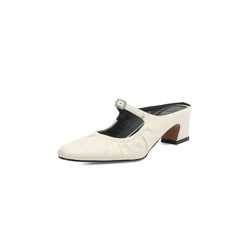Women's Handmade Leather Retro Round Toe Chunky Low Heel Mary Jane Mule Shoes
