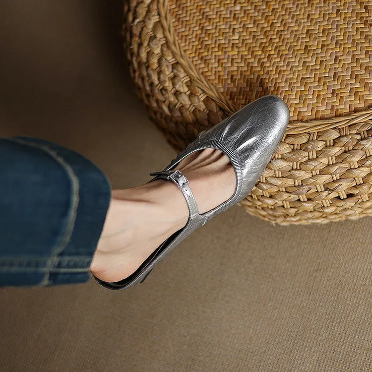 Women's Handmade Leather Retro Round Toe Chunky Low Heel Mary Jane Mule Shoes