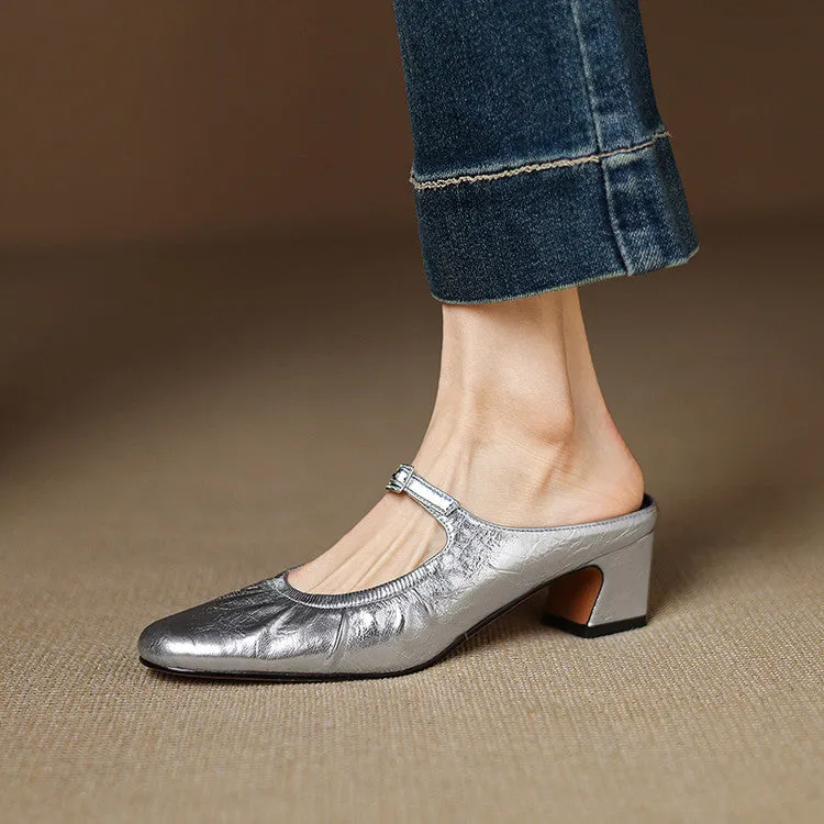 Women's Handmade Leather Retro Round Toe Chunky Low Heel Mary Jane Mule Shoes