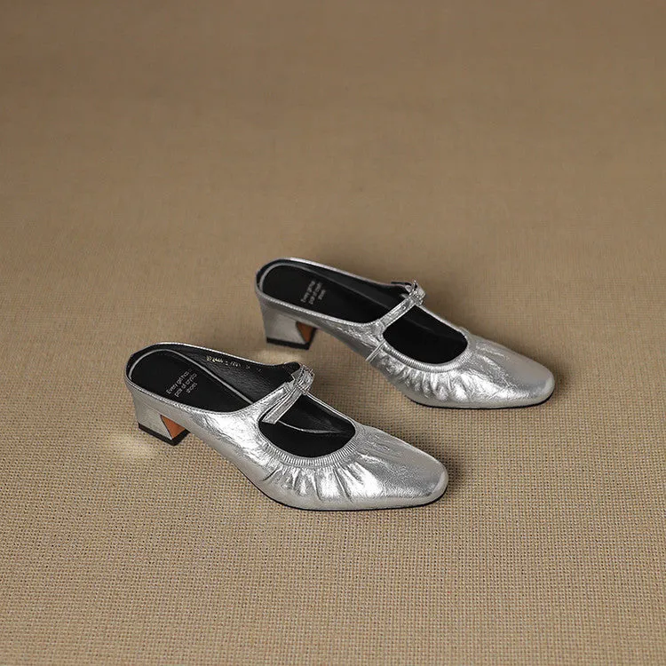 Women's Handmade Leather Retro Round Toe Chunky Low Heel Mary Jane Mule Shoes