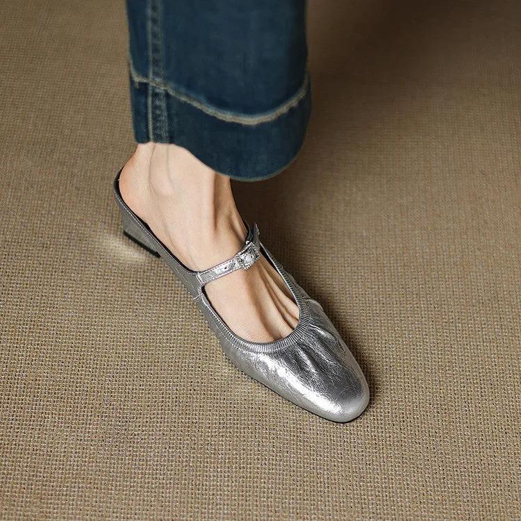 Women's Handmade Leather Retro Round Toe Chunky Low Heel Mary Jane Mule Shoes