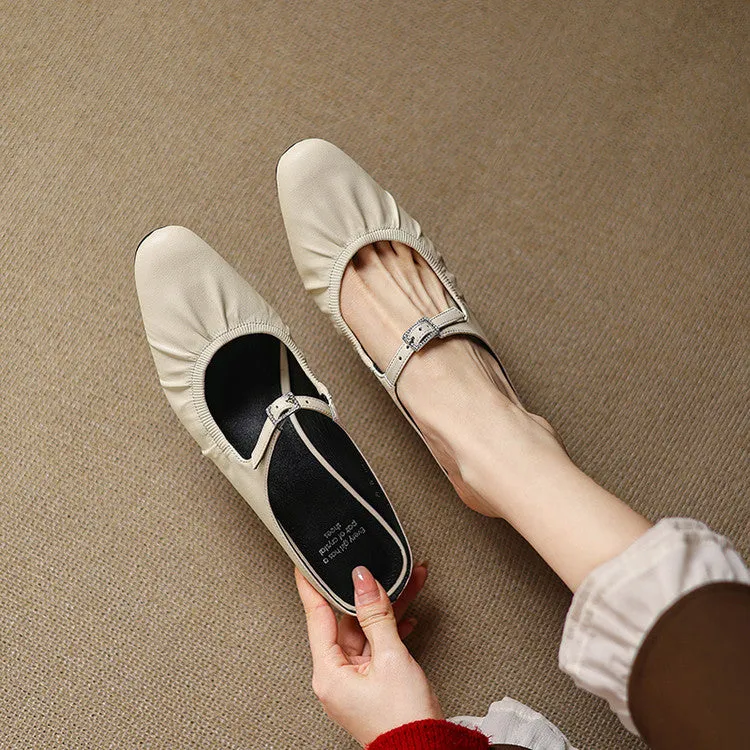 Women's Handmade Leather Retro Round Toe Chunky Low Heel Mary Jane Mule Shoes